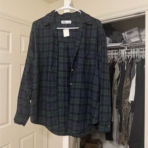 Hollister Navy and Dark Green Plaid Button Shirt
